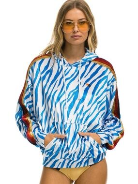 Aviator Nation Classic Velvet Relaxed Pullover Hoodie Blue Tiger Stripe XS NWOT